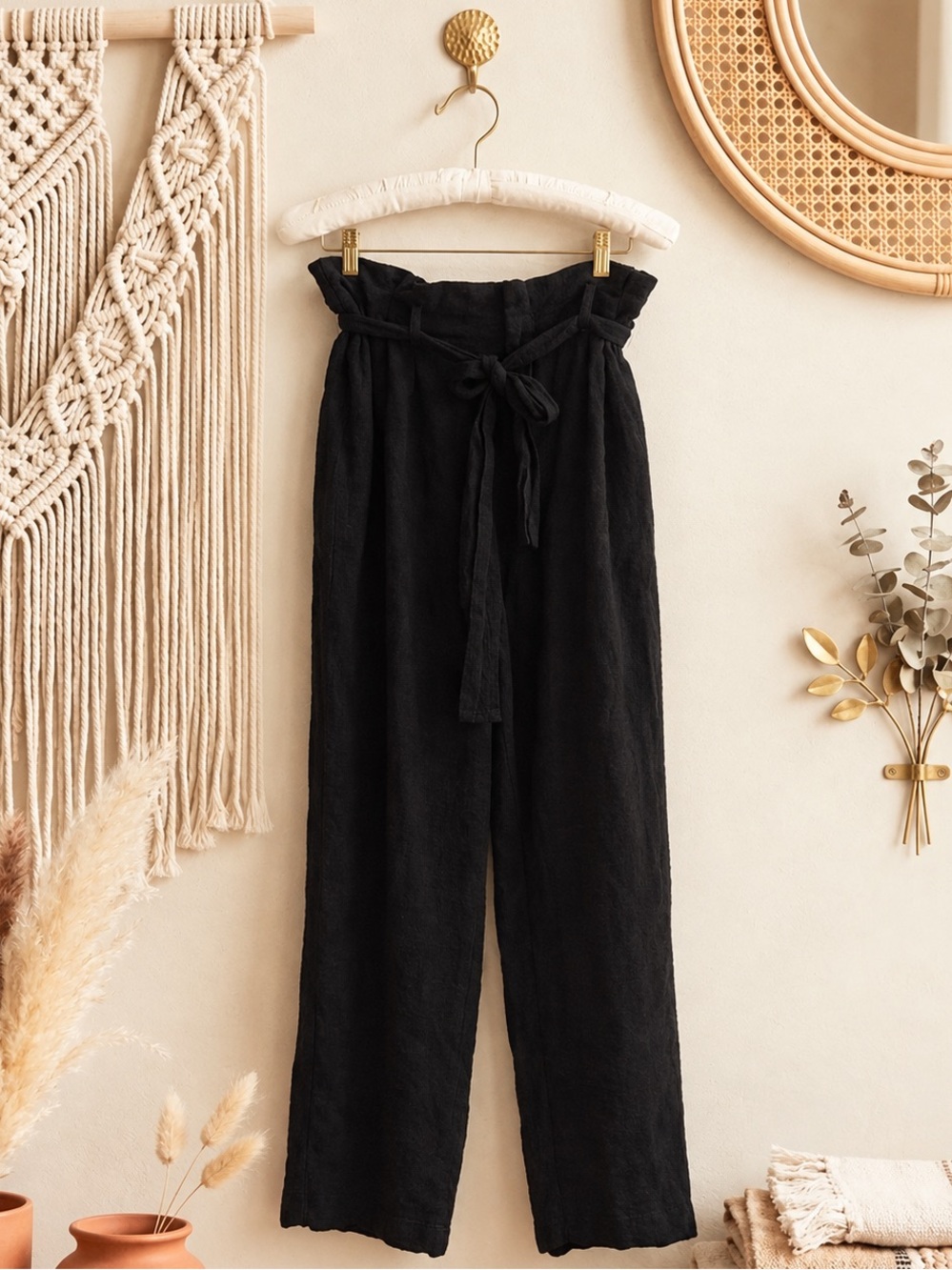 A New Day Black High-Waist Paperbag Wide-Leg Pants with Tie